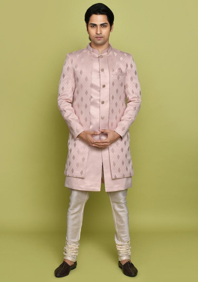 Peach Embroidered Georgia Satin Indo Western Sherwani Set For Men