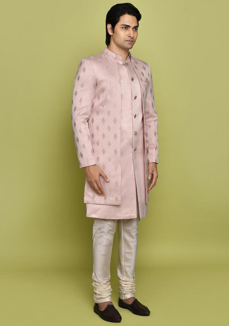 Peach Embroidered Georgia Satin Indo Western Sherwani Set For Men