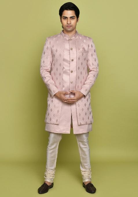 Peach Embroidered Georgia Satin Indo Western Sherwani Set For Men
