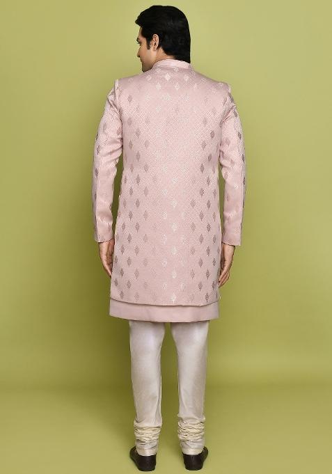 Peach Embroidered Georgia Satin Indo Western Sherwani Set For Men