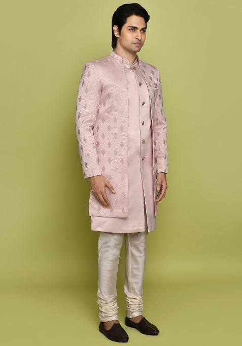 Peach Embroidered Georgia Satin Indo Western Sherwani Set For Men