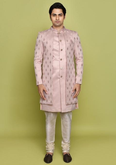Peach Embroidered Georgia Satin Indo Western Sherwani Set For Men