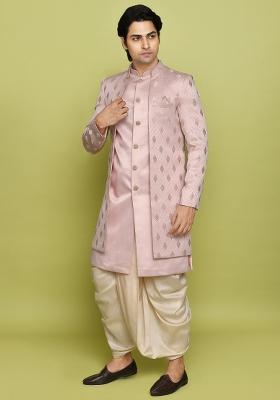 Peach Embroidered Georgia Satin Indo Western Sherwani Set For Men