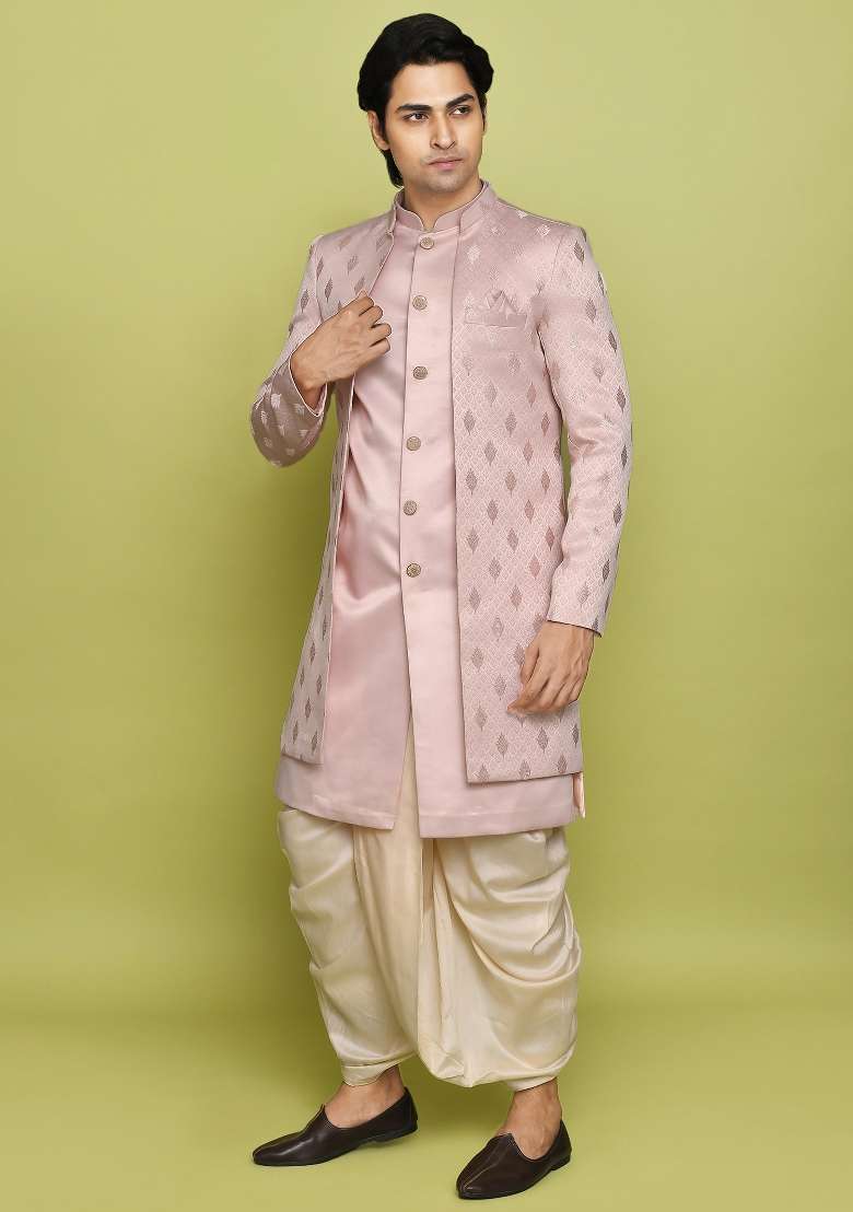 Peach Embroidered Georgia Satin Indo Western Sherwani Set For Men - Indya