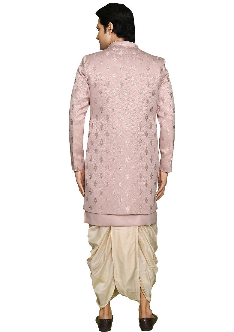 Peach Embroidered Georgia Satin Indo Western Sherwani Set For Men