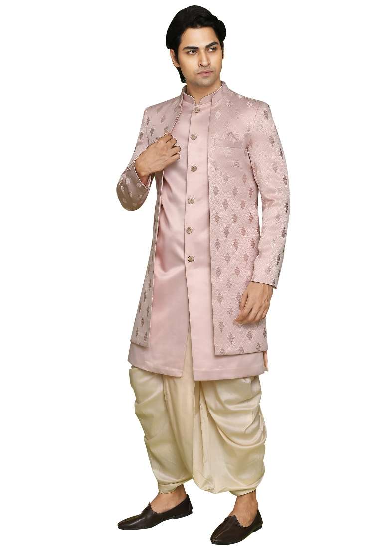 Peach Embroidered Georgia Satin Indo Western Sherwani Set For Men - Indya