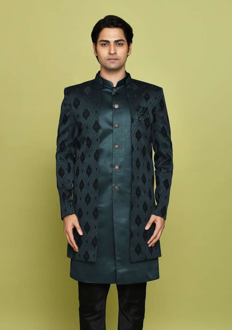Bottle Green Embroidered Georgia Satin Indo Western Sherwani Set For Men - Indya