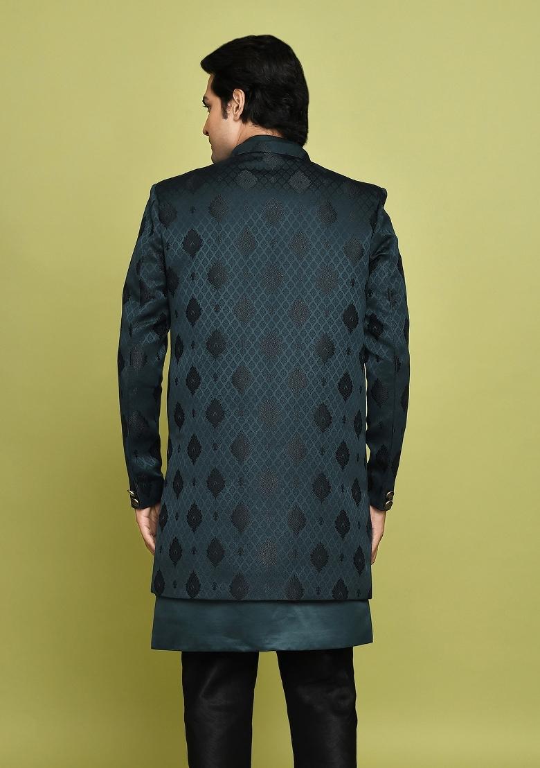 Bottle Green Embroidered Georgia Satin Indo Western Sherwani Set For Men