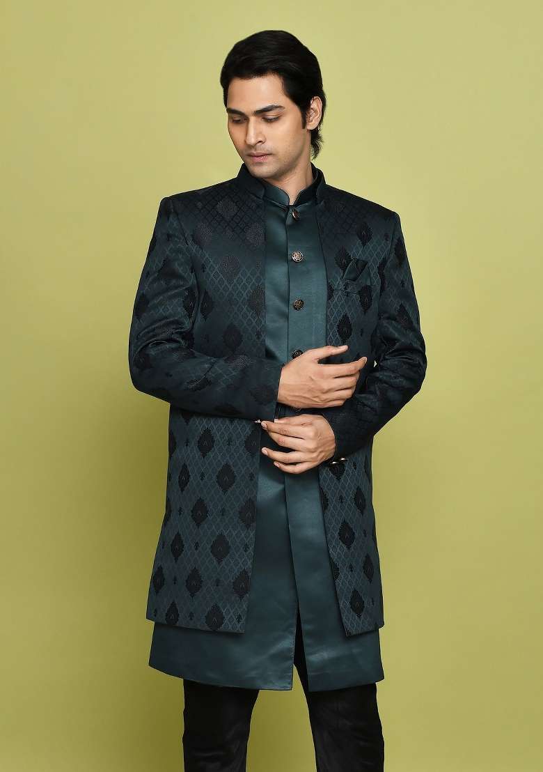 Bottle Green Embroidered Georgia Satin Indo Western Sherwani Set For Men - Indya
