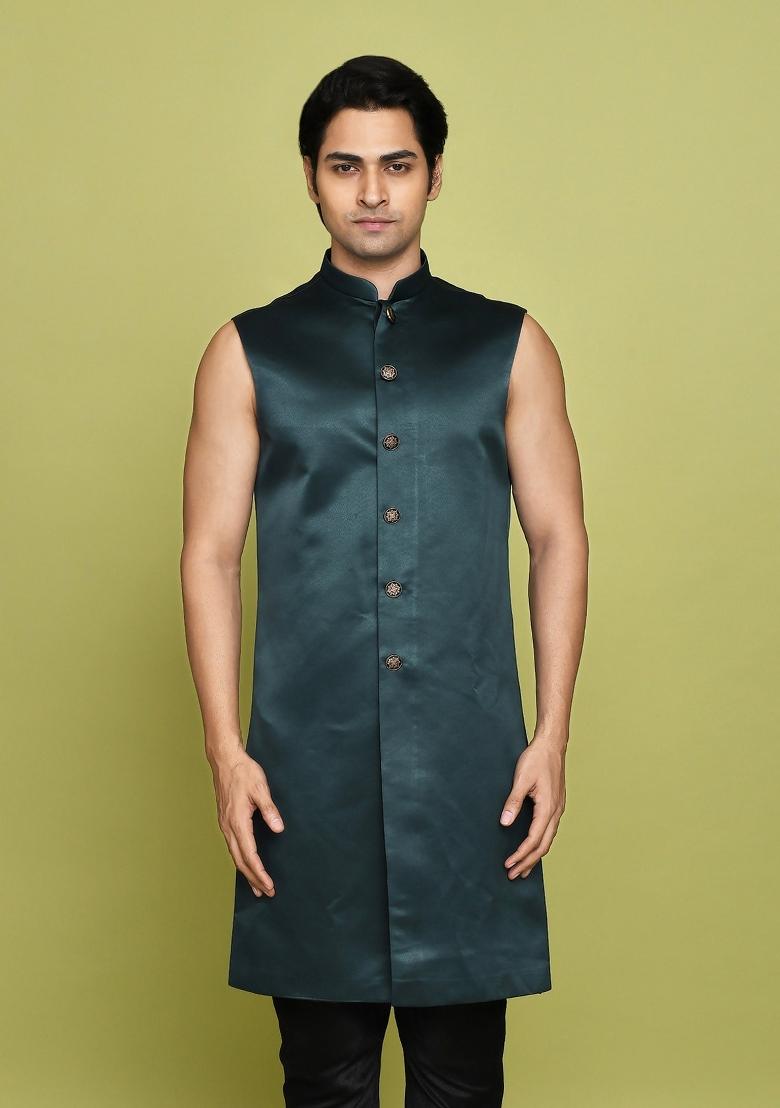 Bottle Green Embroidered Georgia Satin Indo Western Sherwani Set For Men