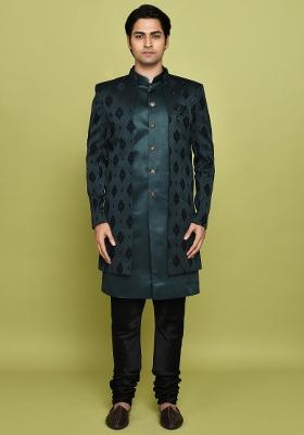 Bottle Green Embroidered Georgia Satin Indo Western Sherwani Set For Men