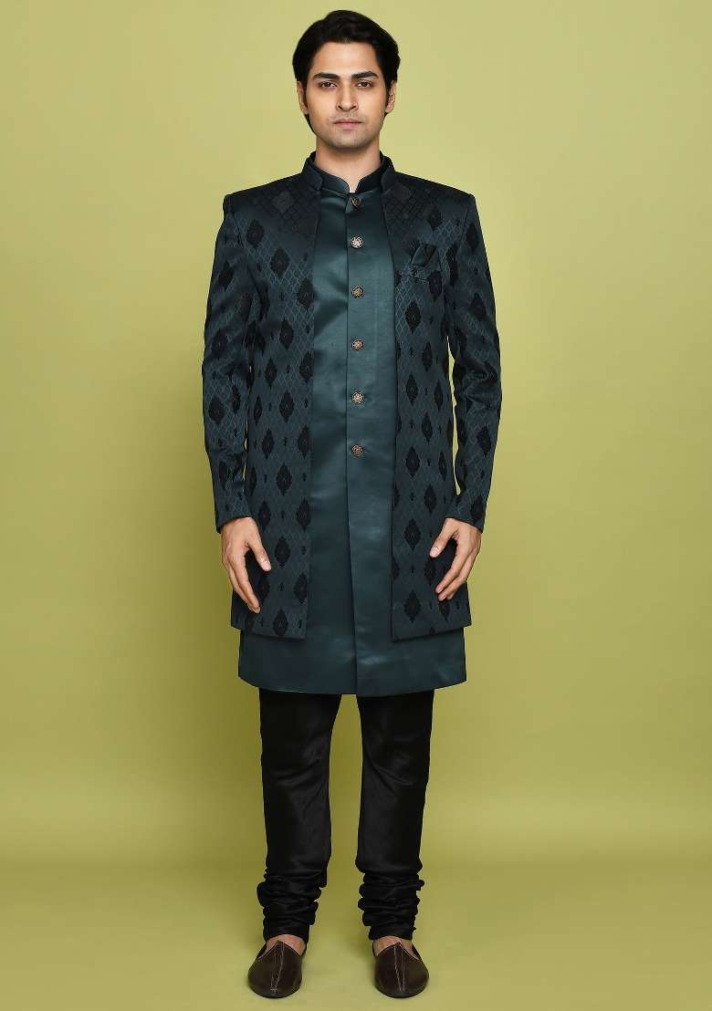 Bottle Green Embroidered Georgia Satin Indo Western Sherwani Set For Men - Indya