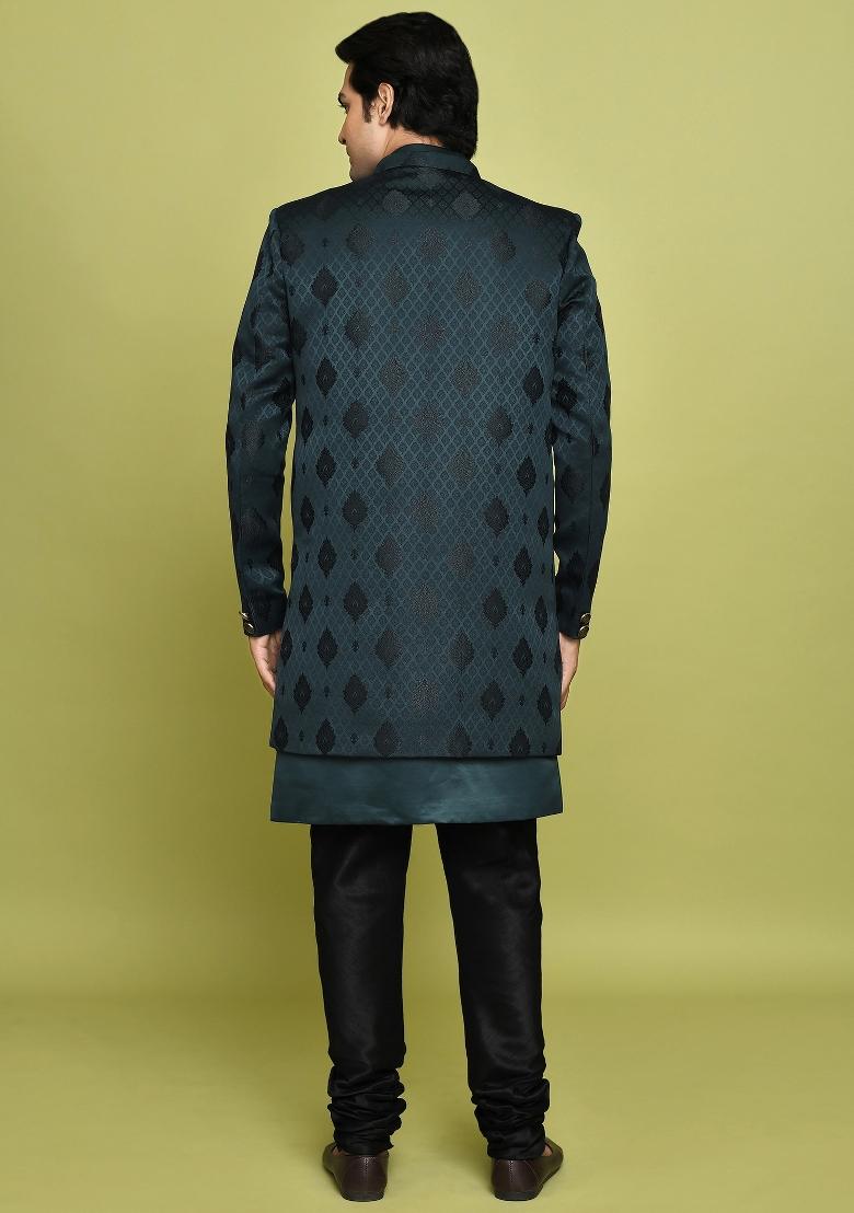 Bottle Green Embroidered Georgia Satin Indo Western Sherwani Set For Men
