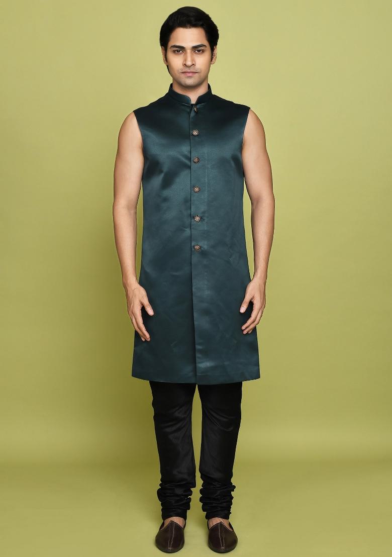 Bottle Green Embroidered Georgia Satin Indo Western Sherwani Set For Men