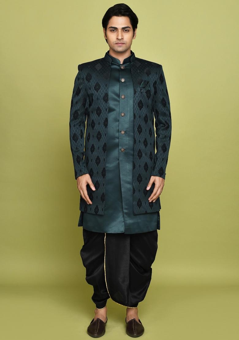 Bottle Green Embroidered Georgia Satin Indo Western Sherwani Set For Men