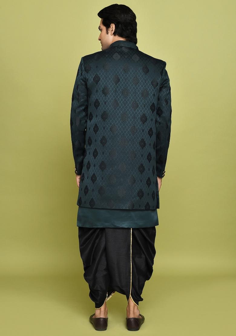 Bottle Green Embroidered Georgia Satin Indo Western Sherwani Set For Men