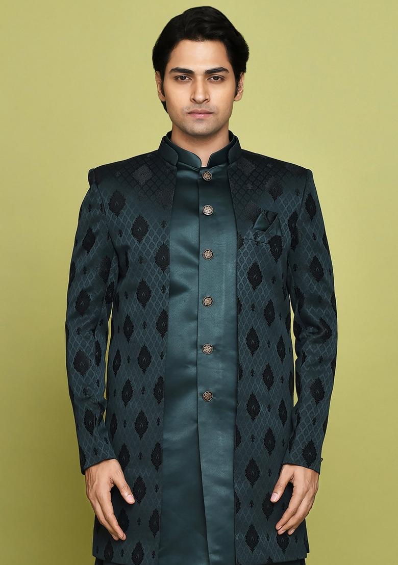 Bottle Green Embroidered Georgia Satin Indo Western Sherwani Set For Men