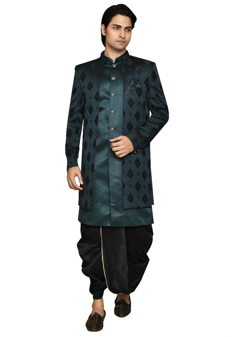 Bottle Green Embroidered Georgia Satin Indo Western Sherwani Set For Men