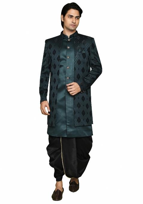 Bottle Green Embroidered Georgia Satin Indo Western Sherwani Set For Men