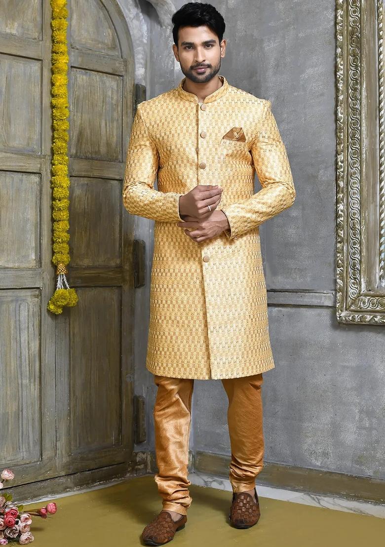 Gold Embroidered Polyester Indo Western Sherwani Set For Men