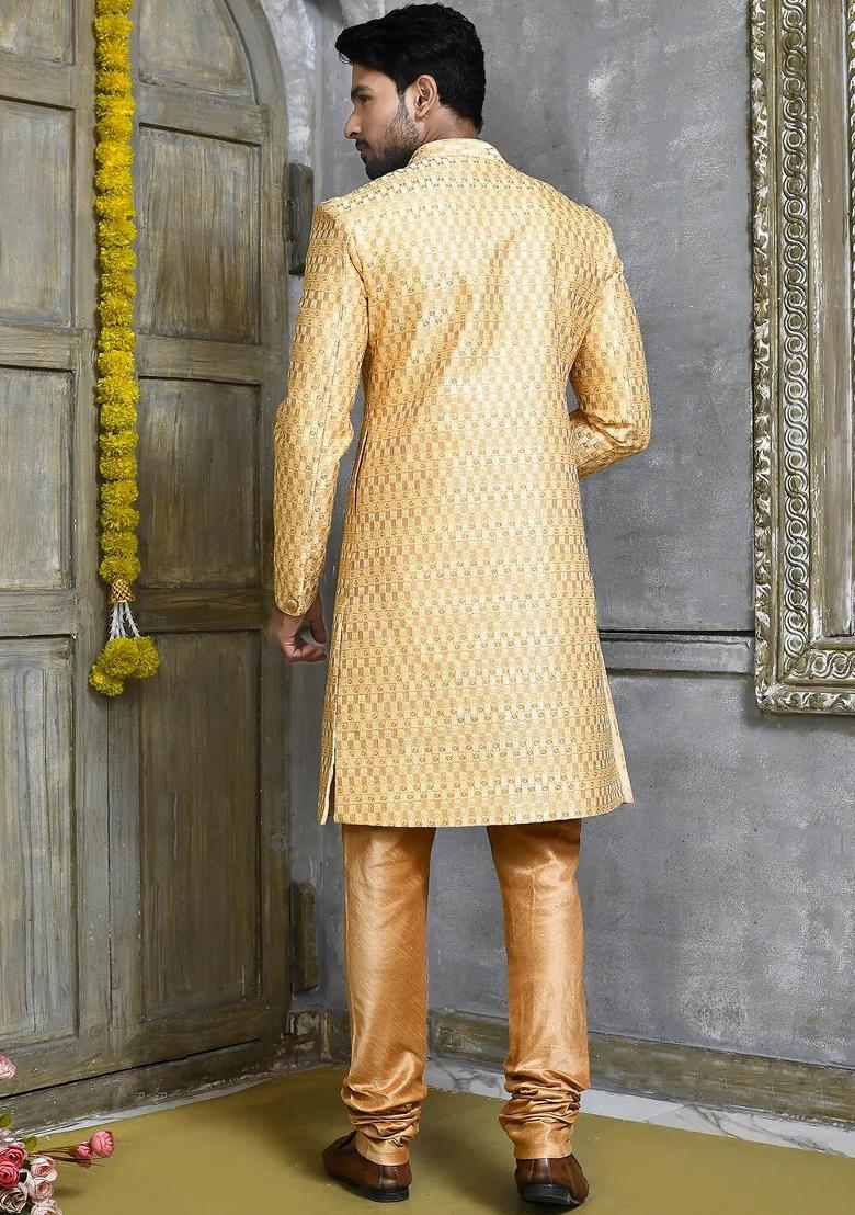 Gold Embroidered Polyester Indo Western Sherwani Set For Men