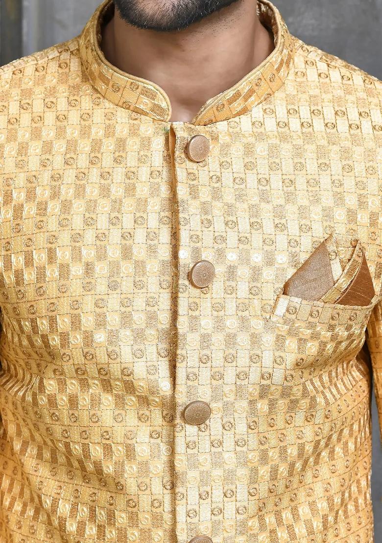 Gold Embroidered Polyester Indo Western Sherwani Set For Men