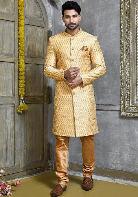 Gold Embroidered Polyester Indo Western Sherwani Set For Men