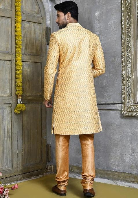 Gold Embroidered Polyester Indo Western Sherwani Set For Men