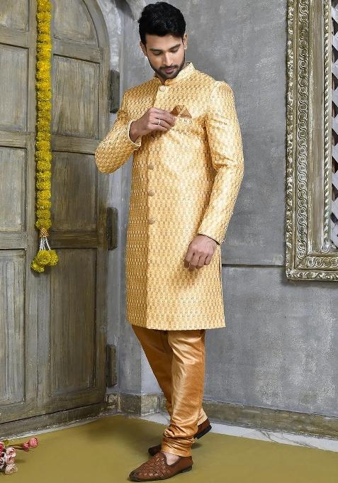 Gold Embroidered Polyester Indo Western Sherwani Set For Men