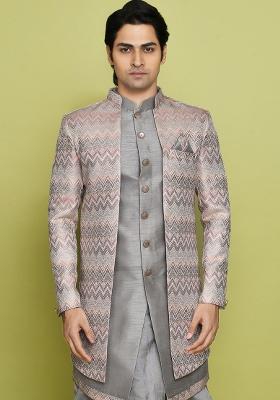 Grey Embroidered Jacquard Indo Western Sherwani Set For Men