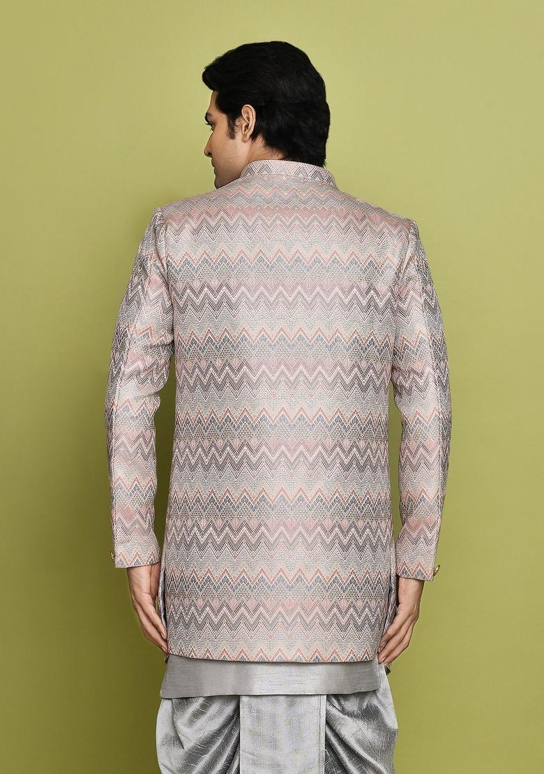 Grey Embroidered Jacquard Indo Western Sherwani Set For Men