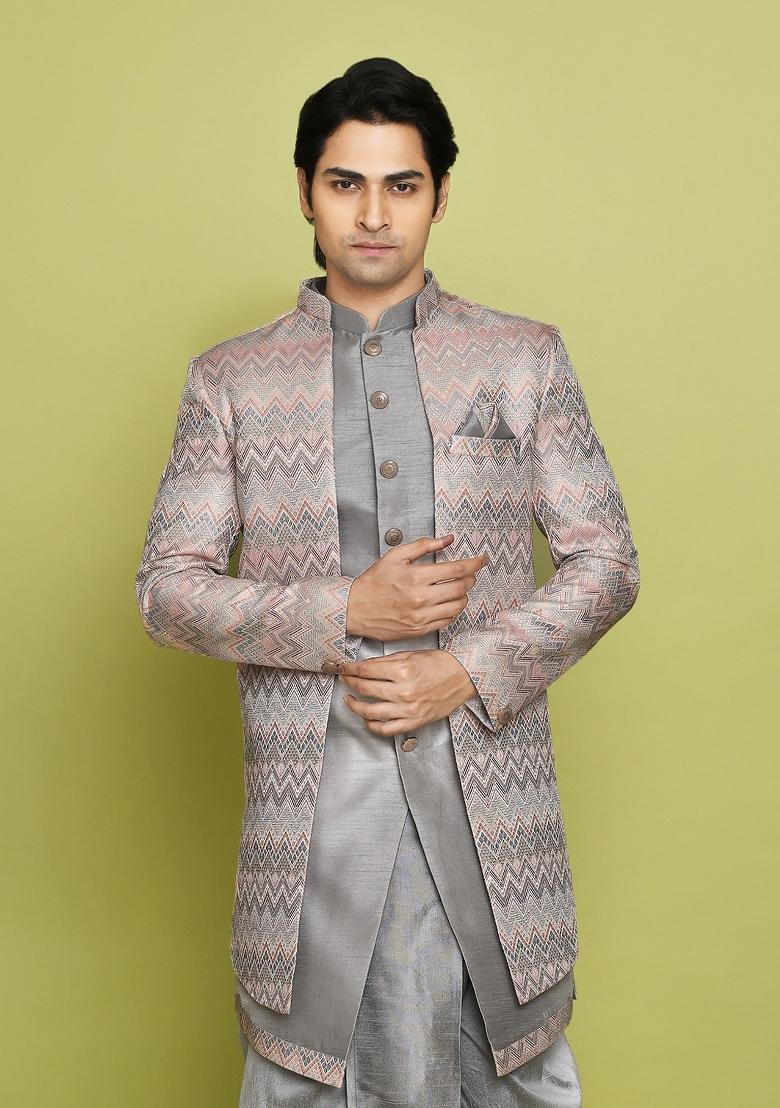 Grey Embroidered Jacquard Indo Western Sherwani Set For Men