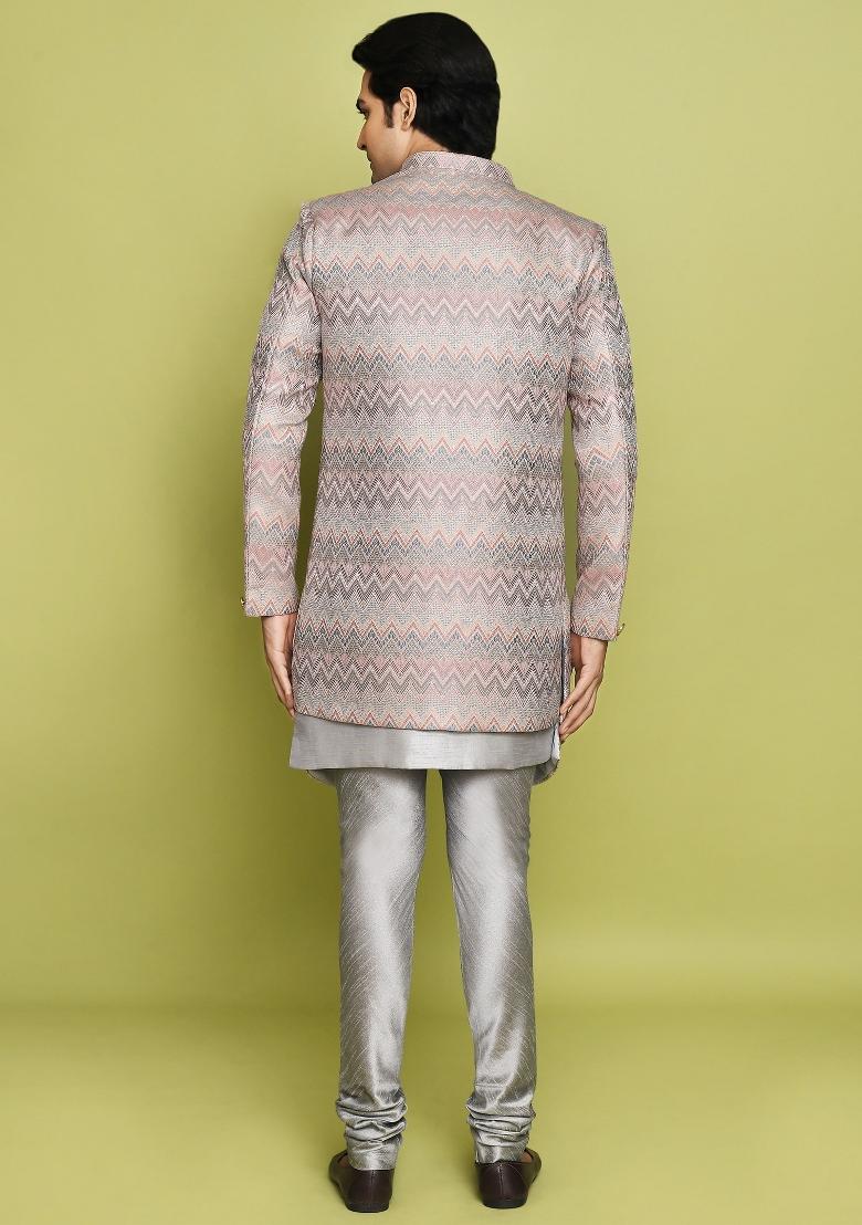 Grey Embroidered Jacquard Indo Western Sherwani Set For Men