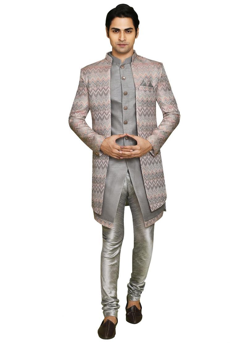 Grey Embroidered Jacquard Indo Western Sherwani Set For Men