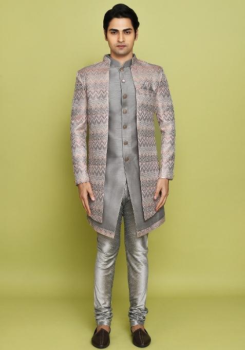 Grey Embroidered Jacquard Indo Western Sherwani Set For Men