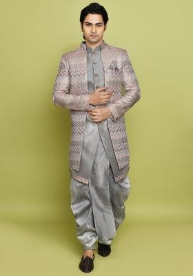 Grey Embroidered Jacquard Indo Western Sherwani Set For Men