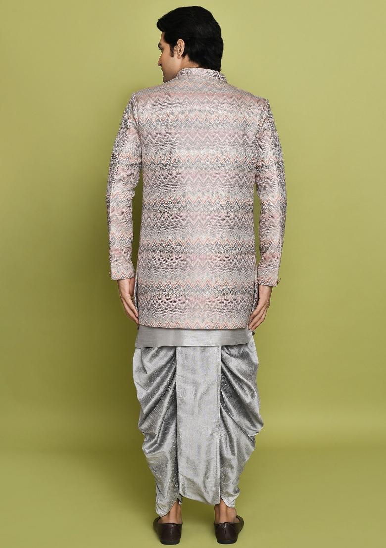 Grey Embroidered Jacquard Indo Western Sherwani Set For Men