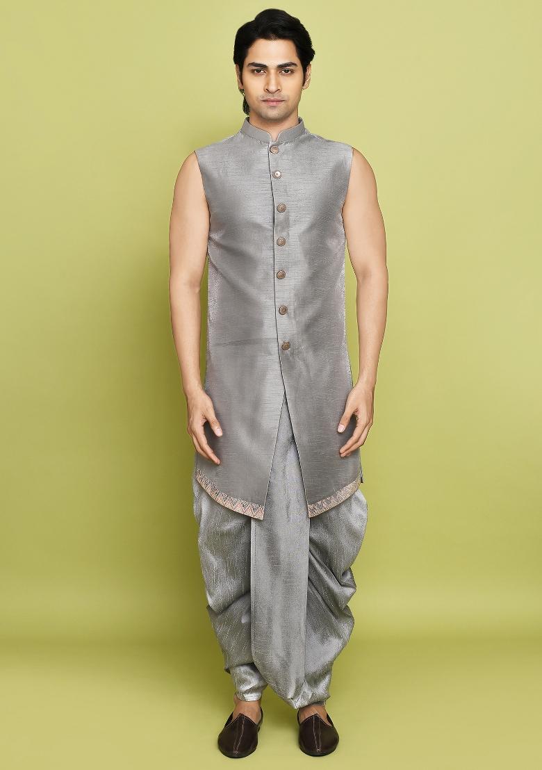 Grey Embroidered Jacquard Indo Western Sherwani Set For Men
