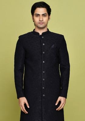 Navy Blue Embroidered Jacquard Indo Western Sherwani For Men