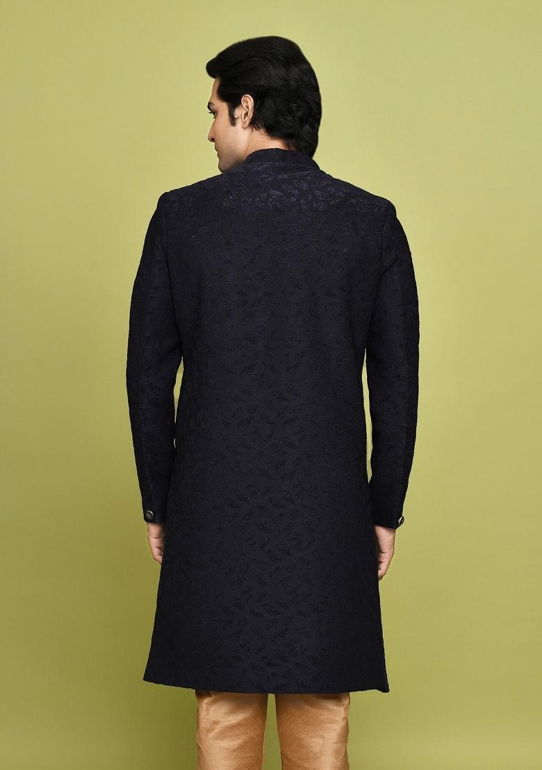 Navy Blue Embroidered Jacquard Indo Western Sherwani For Men