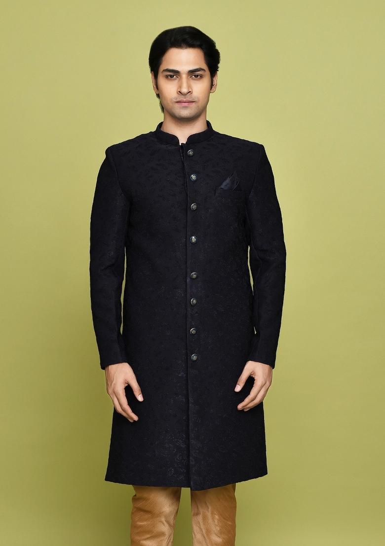 Navy Blue Embroidered Jacquard Indo Western Sherwani For Men