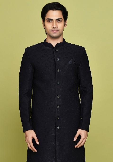 Navy Blue Embroidered Jacquard Indo Western Sherwani For Men