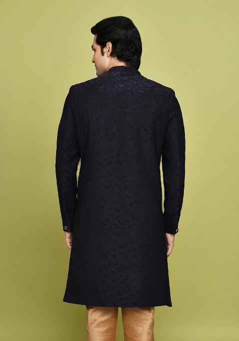 Navy Blue Embroidered Jacquard Indo Western Sherwani For Men