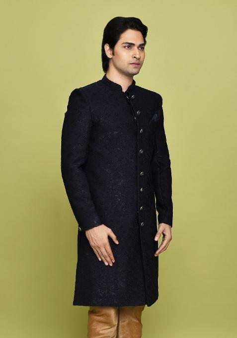 Navy Blue Embroidered Jacquard Indo Western Sherwani For Men