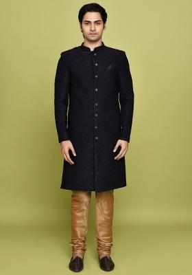 Navy Blue Embroidered Jacquard Indo Western Sherwani Set For Men