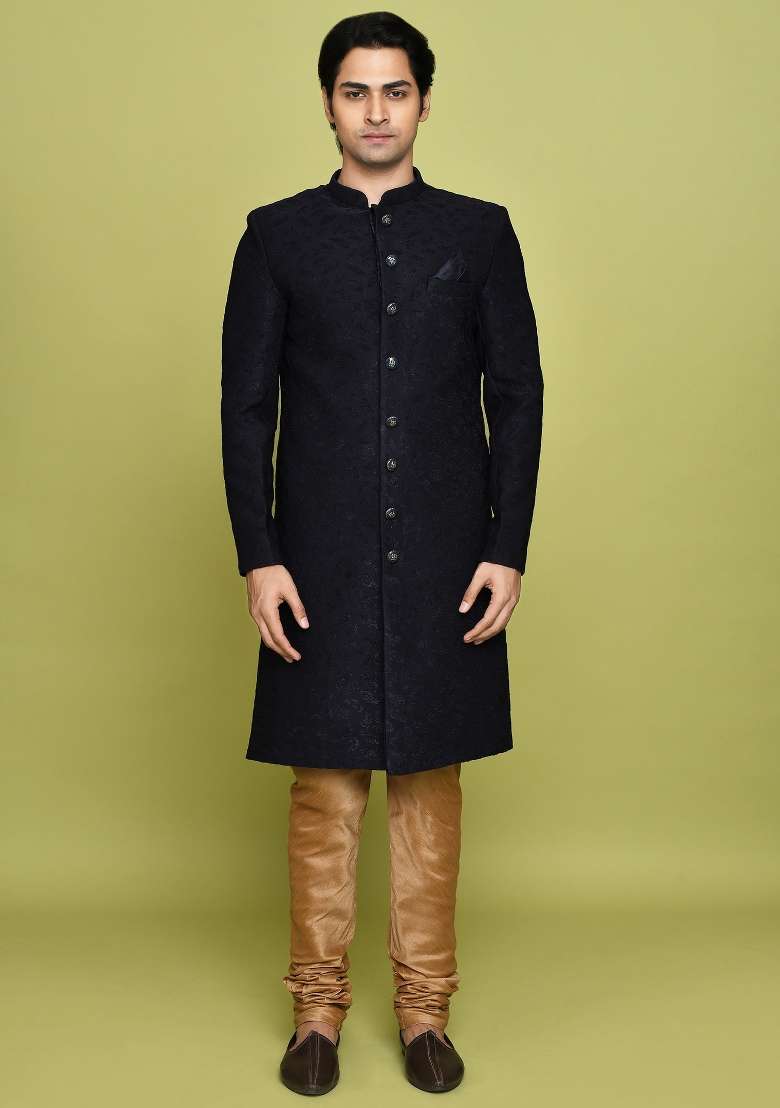 Navy Blue Embroidered Jacquard Indo Western Sherwani Set For Men - Indya
