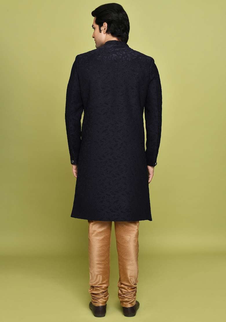 Navy Blue Embroidered Jacquard Indo Western Sherwani Set For Men - Indya