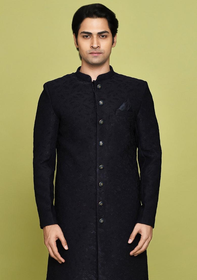 Navy Blue Embroidered Jacquard Indo Western Sherwani Set For Men