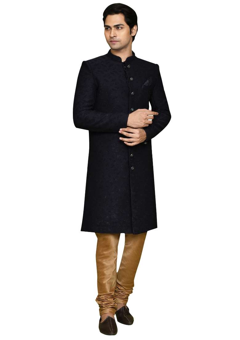 Navy Blue Embroidered Jacquard Indo Western Sherwani Set For Men - Indya