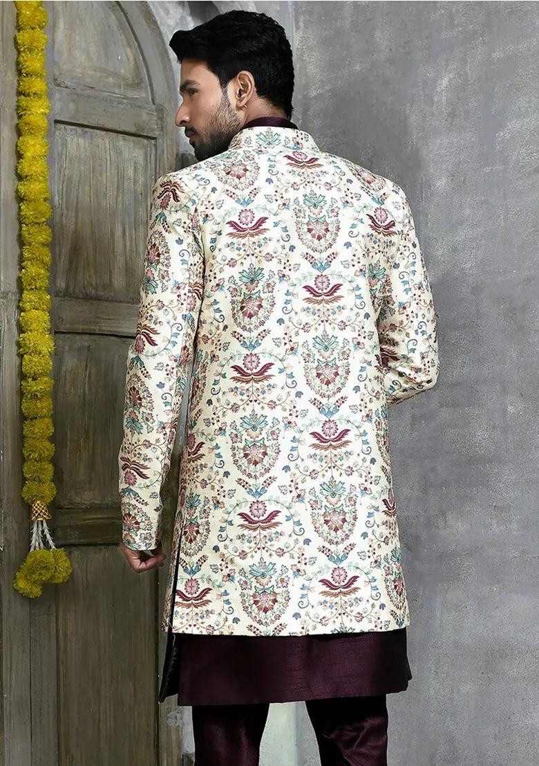 Multi Embroidered Slub Indo Western Sherwani With Jacket For Men
